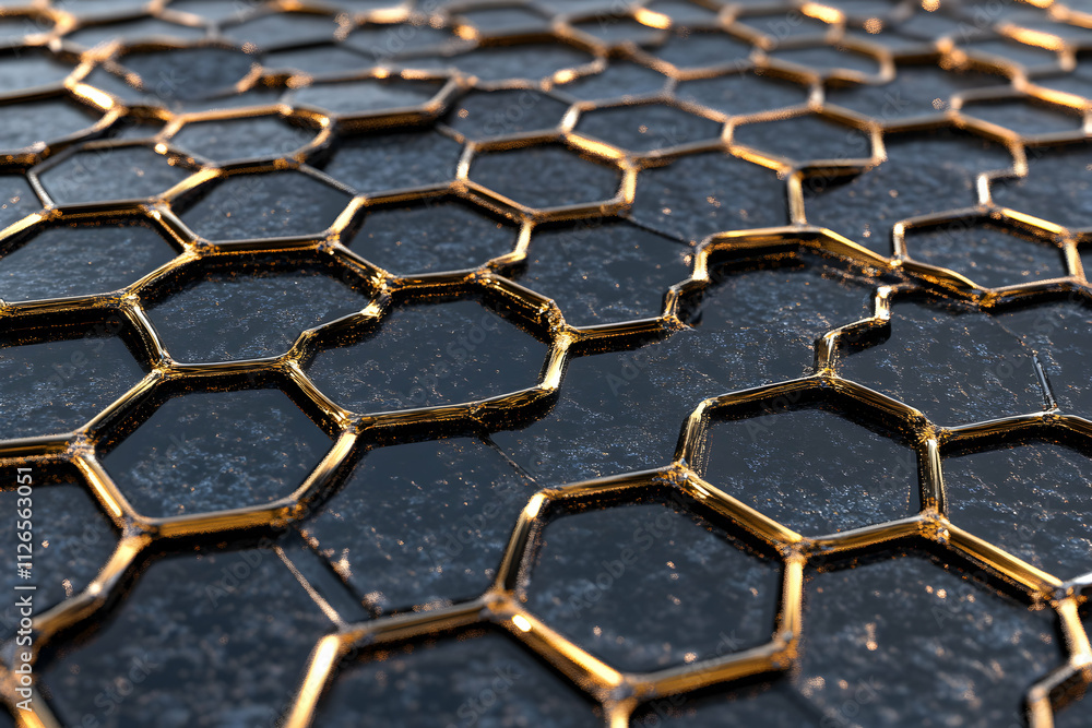 Abstract honeycomb pattern with gold accents on a dark surface. Perfect for technology, design, and luxury branding. Abstract honeycomb pattern with gold accents on a dark surface. Perfect for technology, design, and luxury branding.
