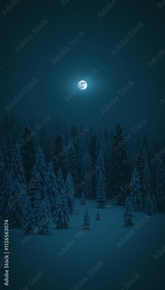 This enchanting image captures the beauty of a winter night, with a full moon illuminating a snow-covered forest. The contrast between the dark silhouettes of the trees and the bright moonlight create This enchanting image captures the beauty of a winter night, with a full moon illuminating a snow-covered forest. The contrast between the dark silhouettes of the trees and the bright moonlight create