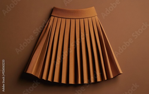 A neatly arranged skirt with pleats and a waistband on aa solid brown background.  photo