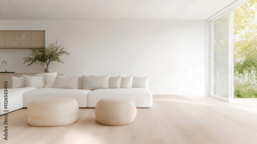 Minimalist living room featuring a spacious white sectional sofa, cozy poufs, and a large window Minimalist living room featuring a spacious white sectional sofa, cozy poufs, and a large window