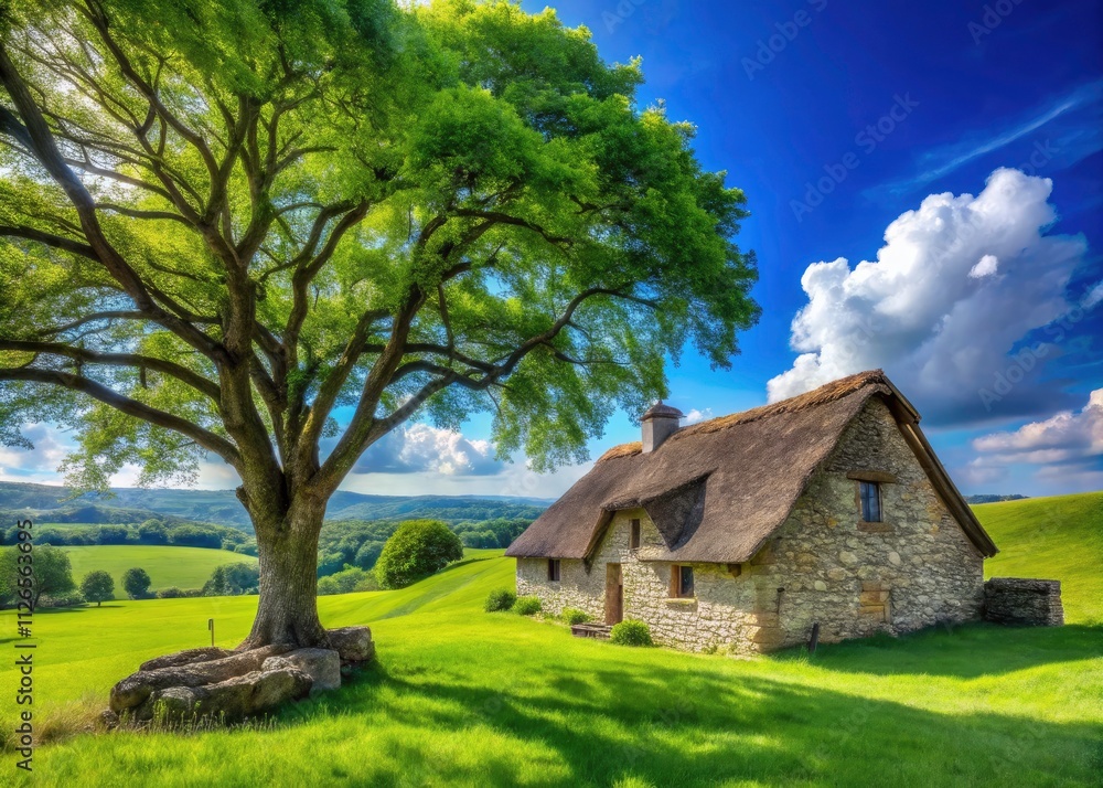 Serene Countryside Landscape with Rustic Stone House and Thatched Roof under a Shade Tree in Lush Green Grass Against a Clear Blue Sky Serene Countryside Landscape with Rustic Stone House and Thatched Roof under a Shade Tree in Lush Green Grass Against a Clear Blue Sky