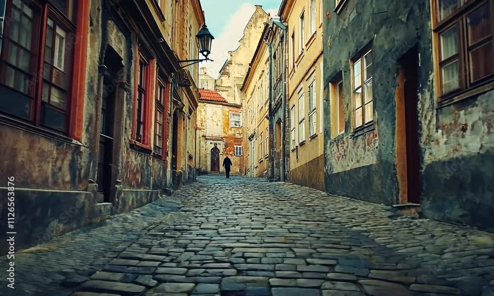 Cobblestone Street in Old European City with a lone pedestrian Cobblestone Street in Old European City with a lone pedestrian