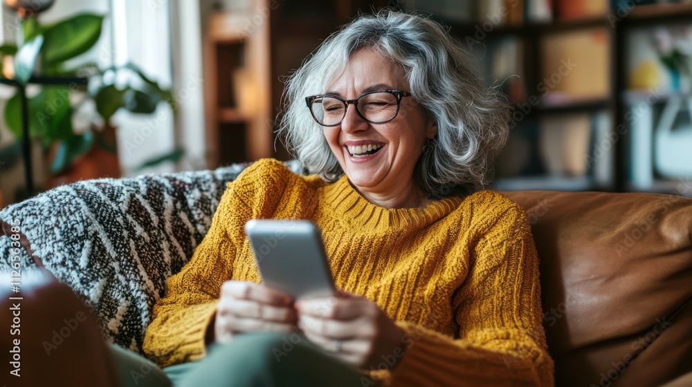 Middle-aged woman sit on sofa looks at smartphone screen and laughing watching funny videos from family, enjoy internet amusing content, surfing social media network, read news, feel happy. Tech usage Middle-aged woman sit on sofa looks at smartphone screen and laughing watching funny videos from family, enjoy internet amusing content, surfing social media network, read news, feel happy. Tech usage