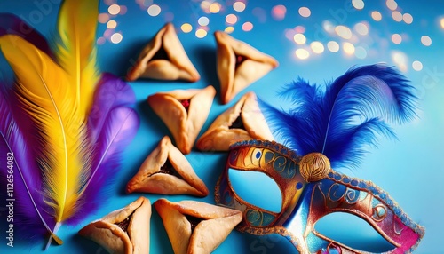 Purim celebration setup with hamantaschen cookies and festive mask on blue background photo