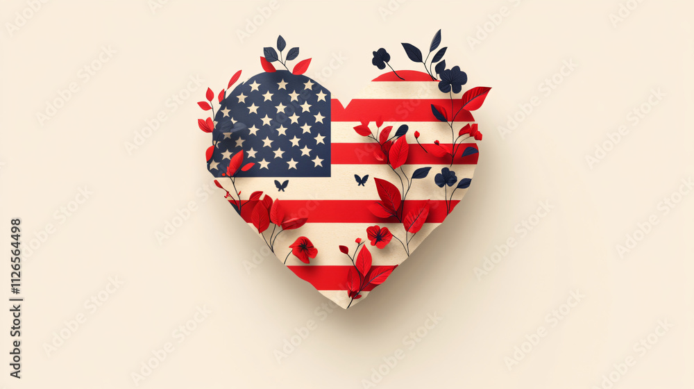 Obraz premium Patriotism in Patterns Heart-Shaped USA Flag Flowers and leaves around Design on Minimalist Background with Text Space