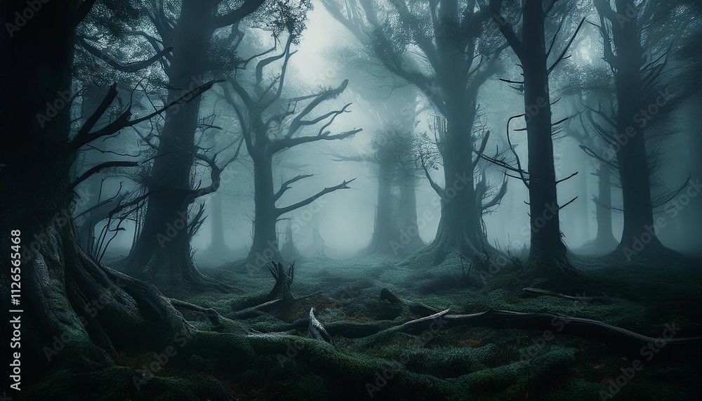Obraz premium eerie misty forest with looming trees and ominous atmosphere dark spooky foggy mysterious creepy haunted wilderness