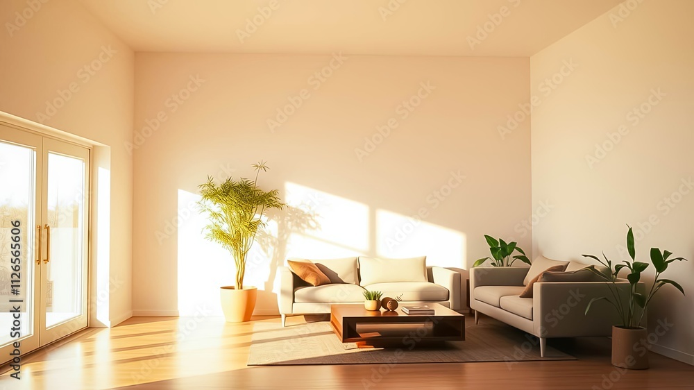 Fototapeta premium Sunlit Modern Living Room with Minimalist Furniture and Indoor Plants