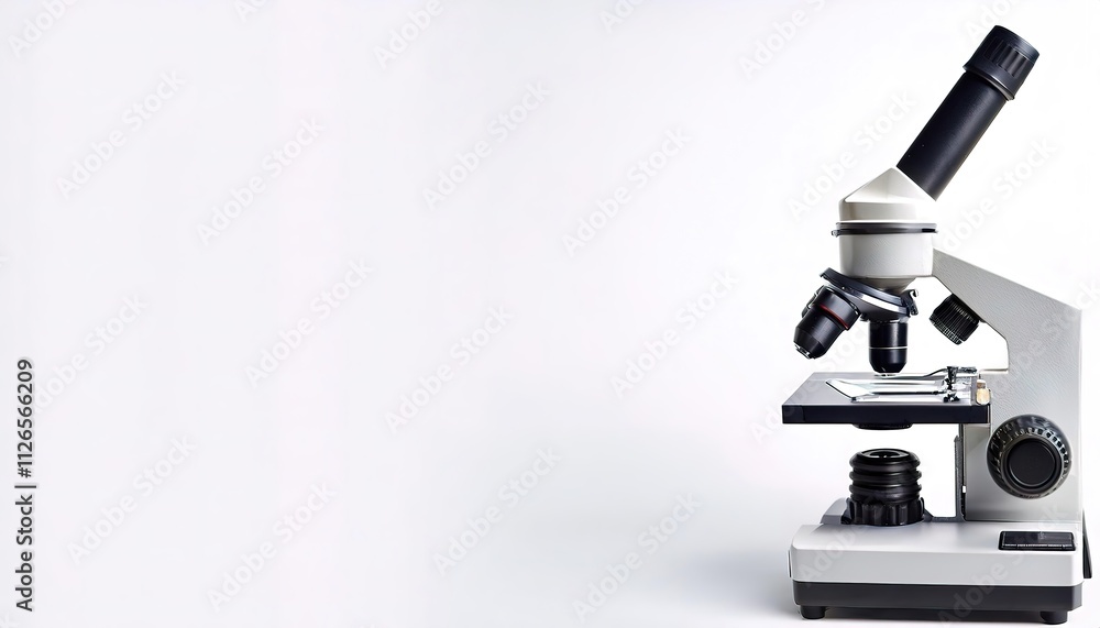 Microscope is a laboratory instrument used to examine objects that are too small to be seen by the naked eye. Isolated on white background with copy space Microscope is a laboratory instrument used to examine objects that are too small to be seen by the naked eye. Isolated on white background with copy space