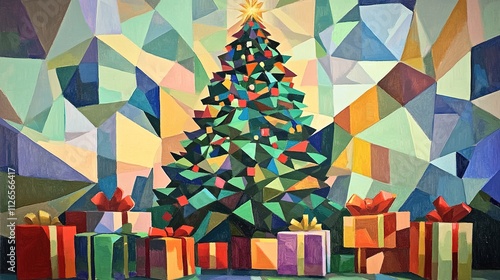 Geometric Christmas tree with colorful presents, abstract art