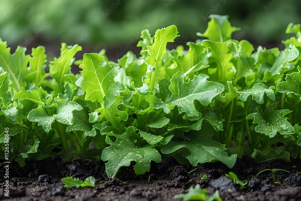Fresh Kale Leaves with Dew on Rich Soil in Garden Fresh Kale Leaves with Dew on Rich Soil in Garden