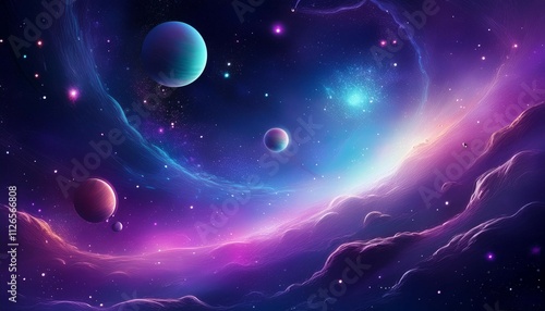 abstract galaxy with small floating planets in a serene bluish purple nebula creating a calm space scene