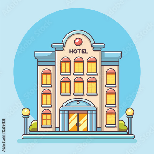 Hotel building vector illustration. Modern five star hotel facade. Front view of entrance in hostel or apartments. Public urban infrastructure infographics.
