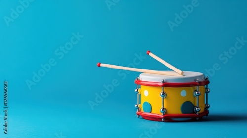 A simple setup of a toy drum and drumsticks, designed with vivid colors on a clean blue background.