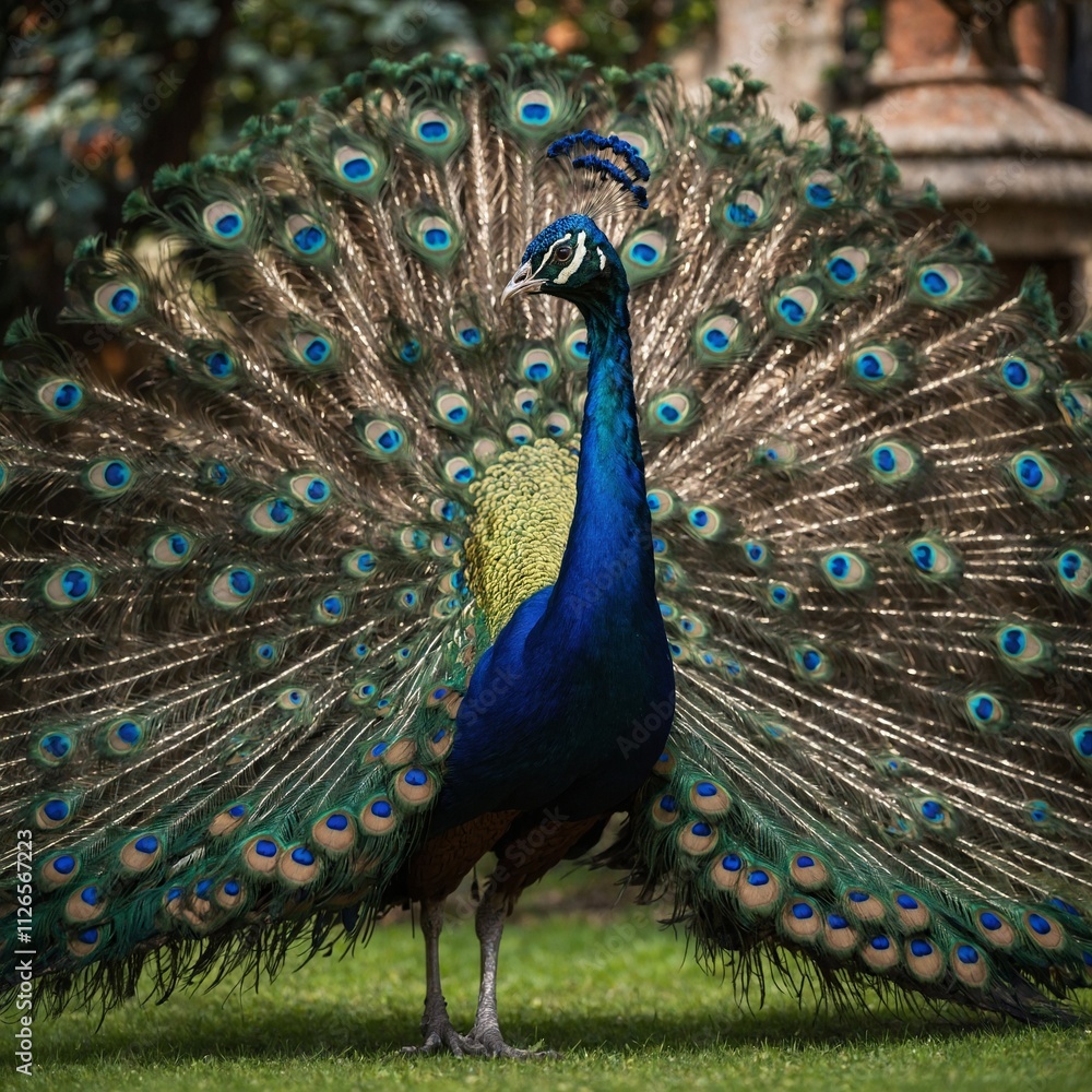 Naklejka premium A peacock spreading its iridescent feathers in a royal garden.