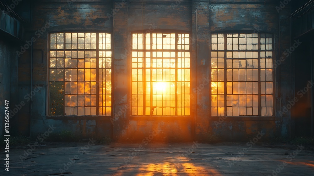 Abandoned Factory Interior at Sunset. Concept of Industrial Decay and Hope. Abandoned Factory Interior at Sunset. Concept of Industrial Decay and Hope.