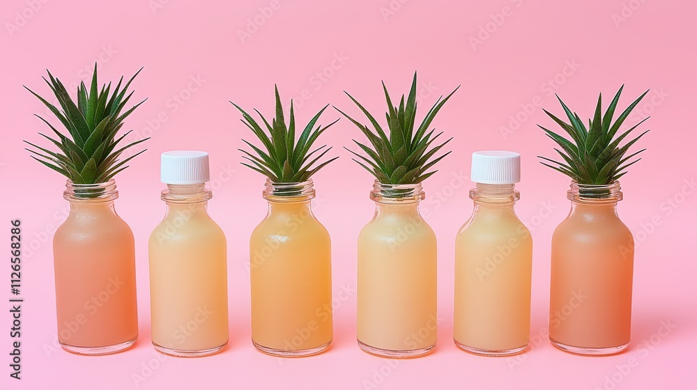 Refreshing fruit drinks in studio setting with pineapple garnish and colorful background Refreshing fruit drinks in studio setting with pineapple garnish and colorful background