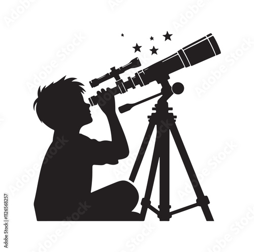 A Boy Looks Through A Telescope silhouette vector illustration