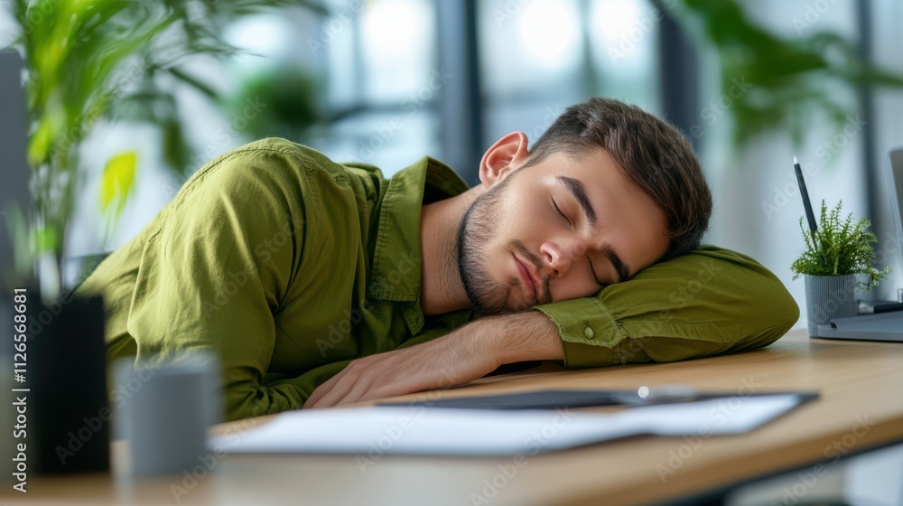Photo of attractive young man sleepy happy manager freelancer wear green shirt comfortable modern office room interior indoors workspace Photo of attractive young man sleepy happy manager freelancer wear green shirt comfortable modern office room interior indoors workspace