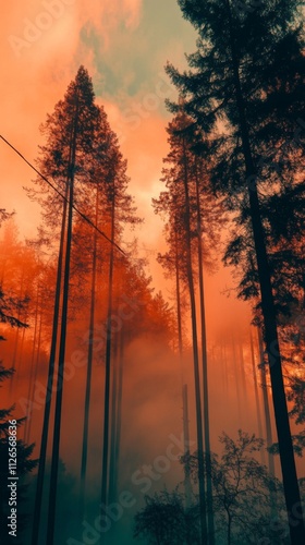 Tall pine trees in a vibrant orange sunset creating a dramatic silhouette