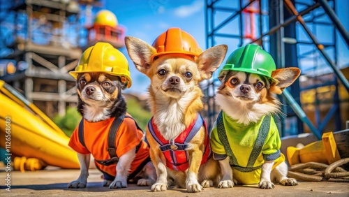 Three Adorable Chihuahuas in Hard Hats at a Construction Site Emphasizing Safety and Teamwork