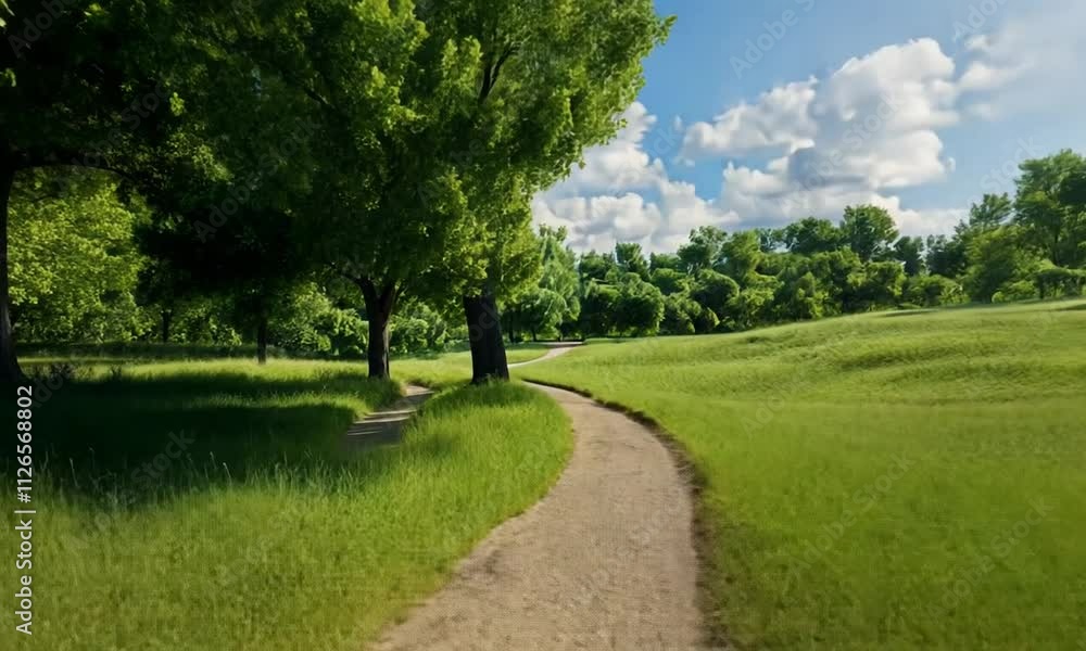 Winding dirt path through a sunlit meadow, flanked by lush green trees. Winding dirt path through a sunlit meadow, flanked by lush green trees.