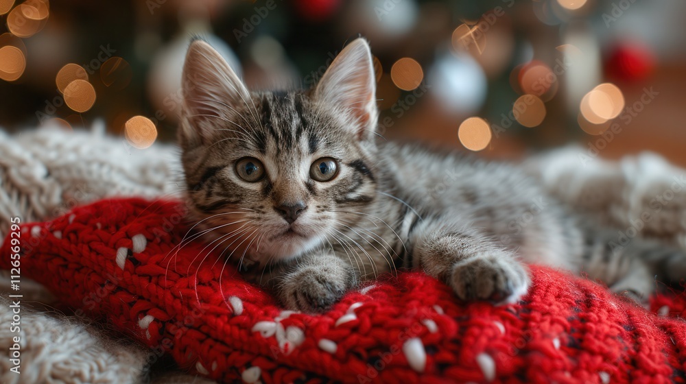 Playful tabby kitten relaxes on cozy blanket while holiday lights twinkle softly in the background. Generative AI Playful tabby kitten relaxes on cozy blanket while holiday lights twinkle softly in the background. Generative AI