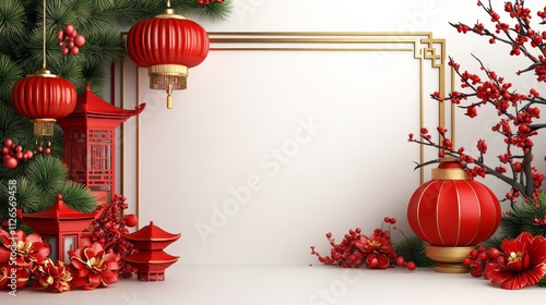 Traditional red lanterns with gold accents, cherry blossoms, and minimal geometric designs on a white background for Chinese New Year decor