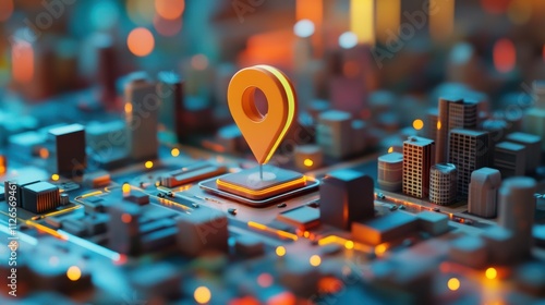 Geofencing technology. A stylized, miniature city model with a large geo pin prominently placed. The use of geofencing in urban areas for marketing, security, and logistics.