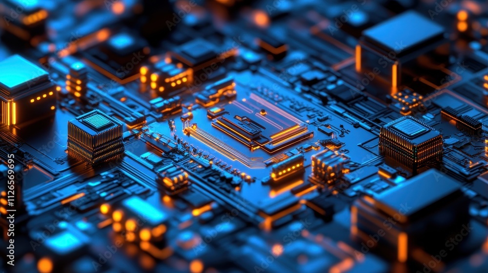 Obraz premium Intricate Digital Circuit Board Landscape in Vibrant Blue and Orange Hues