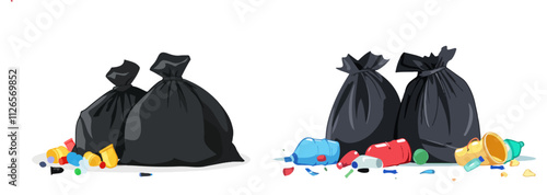  Illustration of black garbage bags with scattered plastic waste and debris around them. The image depicts environmental pollution and waste management issues.