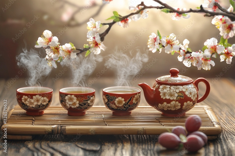 A traditional Chinese tea set with cups, surrounded by blooming plum blossoms A traditional Chinese tea set with cups, surrounded by blooming plum blossoms
