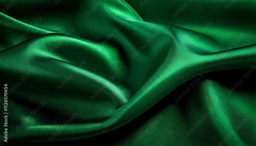 Obraz premium Deep green silk fabric with rich folds, luxurious textile texture, elegant and sophisticated material background, fashion and decor concept, premium fabric design, copy space
