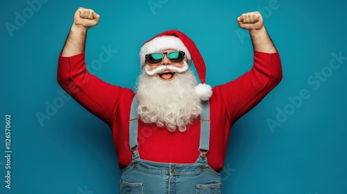 Photo of style stylish fat santa claus with big belly beard raise fists win x-mas christmas lottery wear suspenders overalls sunglass isolated over blue color background photo