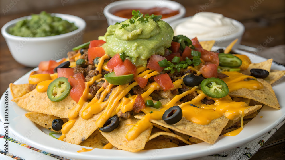 A mouthwatering plate of loaded nachos topped with a generous drizzle of melted golden cheese, creating a gooey, irresistible texture A mouthwatering plate of loaded nachos topped with a generous drizzle of melted golden cheese, creating a gooey, irresistible texture