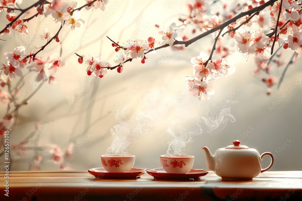 A traditional Chinese tea set with cups, surrounded by blooming plum blossoms A traditional Chinese tea set with cups, surrounded by blooming plum blossoms