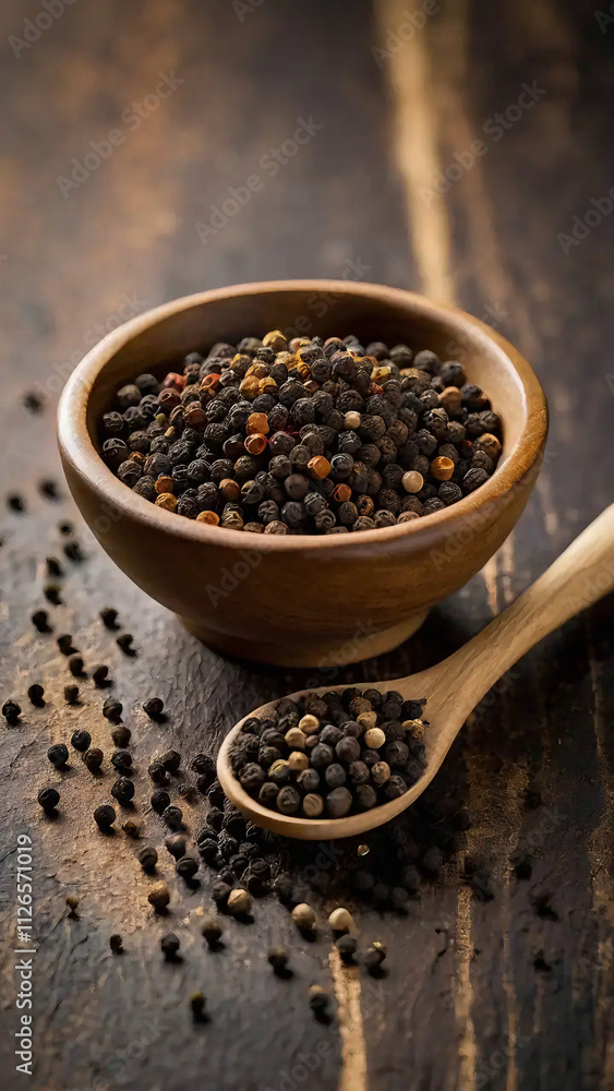 black pepper and wooden spoon black pepper and wooden spoon