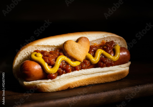 Classic Bun-Filled Hotdog with Mustard and Chili photo