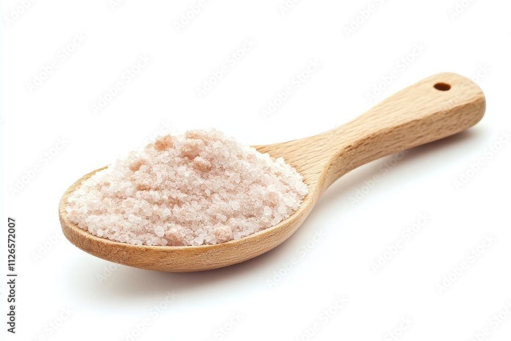 Natural pink salt in a wooden spoon on a plain white background showcases its texture and color Natural pink salt in a wooden spoon on a plain white background showcases its texture and color