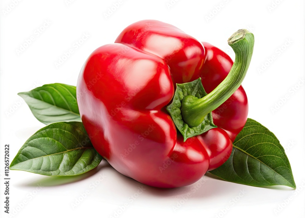 Vibrant Red Pepper with Green Leaves on White Background - Fresh Produce, Healthy Eating, Organic Vegetables, Culinary Ingredients, Food Photography Vibrant Red Pepper with Green Leaves on White Background - Fresh Produce, Healthy Eating, Organic Vegetables, Culinary Ingredients, Food Photography