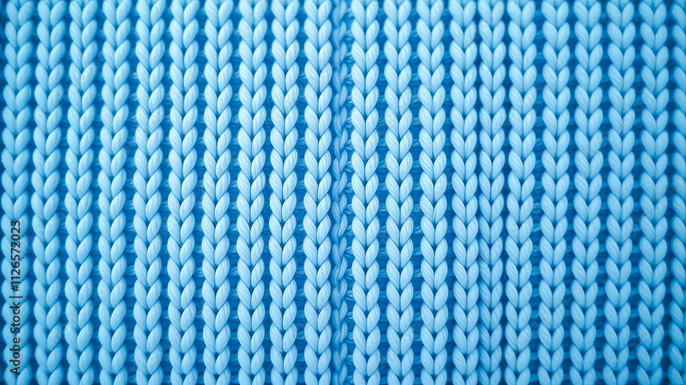 Close-up view of a textured knitted fabric with a light blue color palette, showing intricate stitch detail Close-up view of a textured knitted fabric with a light blue color palette, showing intricate stitch detail