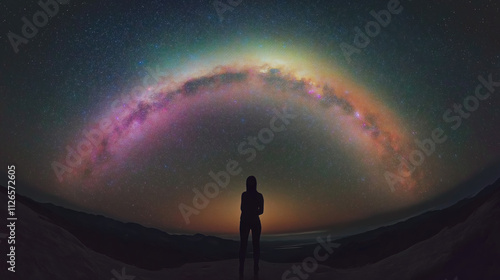 Silhouetted Person Under Starry Sky with Vibrant Galaxy Hues, Capturing Awe and Wonder in Nature's Beauty, Wide-Angle View of Vast Space and Textured Figure