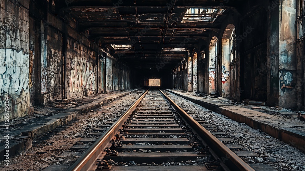Abandoned Train Tunnel, Urban Decay, Graffiti, Perspective Abandoned Train Tunnel, Urban Decay, Graffiti, Perspective