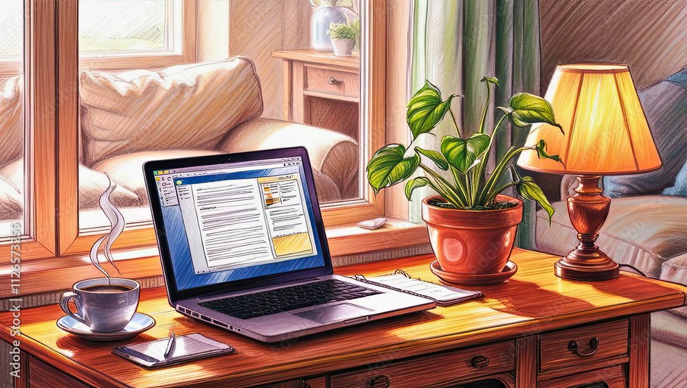 Fototapeta premium Home office setup computer living room digital workspace cozy environment creative concept