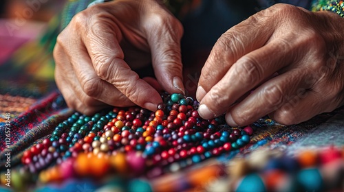 A close-up of hands arranging colorful beads and threads into a beautiful pattern on a fabric surface, representing the creative process of design.