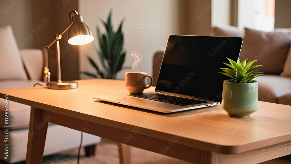 Cozy home office setup featuring laptop coffee and plants in modern living room environment Cozy home office setup featuring laptop coffee and plants in modern living room environment