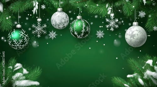 Green christmas banner with snowflakes. Merry Christmas and Happy New Year greeting banner. Horizontal new year background, headers, posters, cards, website.Vector illustration