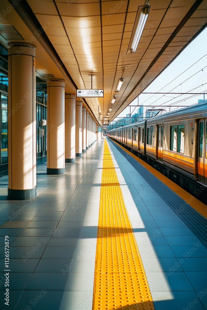 Fototapeta premium A wide-angle shot of the empty platform at an electric train station in South Korea
