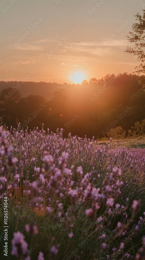 Obraz premium As the sun sets on the horizon, golden rays illuminate the vibrant blooms of lavender swaying gently in the breeze, creating a peaceful atmosphere in the countryside