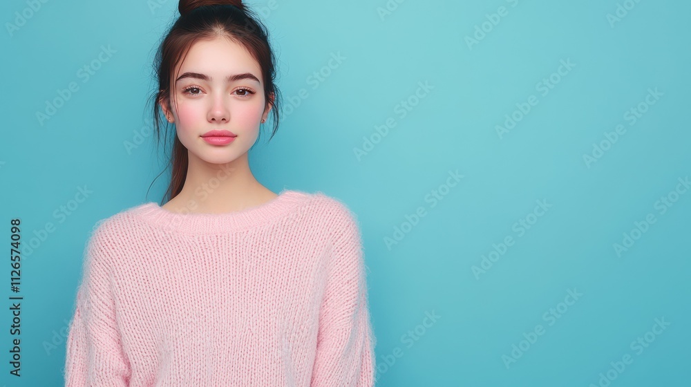 Portrait of nice young woman look empty space wear pink sweater isolated on blue color background Portrait of nice young woman look empty space wear pink sweater isolated on blue color background