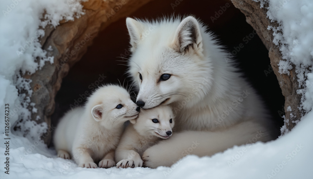 Fototapeta premium wallpapers A heartwarming scene of a mother Arctic fox cuddling with her two kits in a snowy den. They exhibit a nurturing bond in a serene winter setting. AI generated